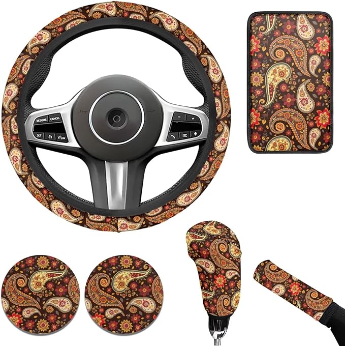 Bandanna Print 6pcs Car Steering Wheel Cover Set for Men Women Car Accessories Handbrake Cover Cup Coaster Auto Interiors Decor for Men Women 6pcs