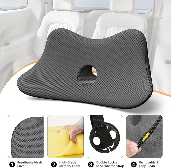 Benazcap Lumbar Support Pillow for Car, Lower Back Support Pillow for Sciatica & Back Pain Relief, 2 in 1 Memory Foam Seat Cushion for Office Chair, Car Seat -Gray