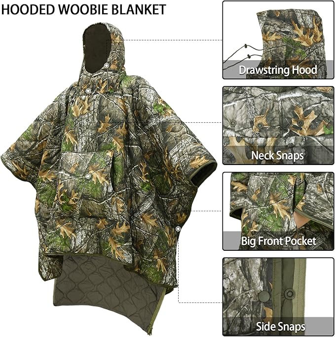 Poncho Liner Hoodie with Pocket Insulated Military Sleeping Bag Water Resistant for Outdoor Camping Travel Survival Hunting Car Emergency