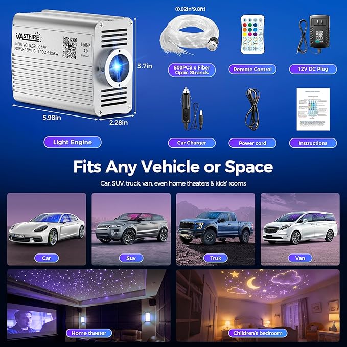 VASTFIRE Starlight Headliner Kit - 1000pcs 0.02in 9.8ft Fiber Optic Star Lights for Car with 16W RGBW, Twinkle & Music Sync, APP/Remote Control for Car Roof/Bedroom Ceiling