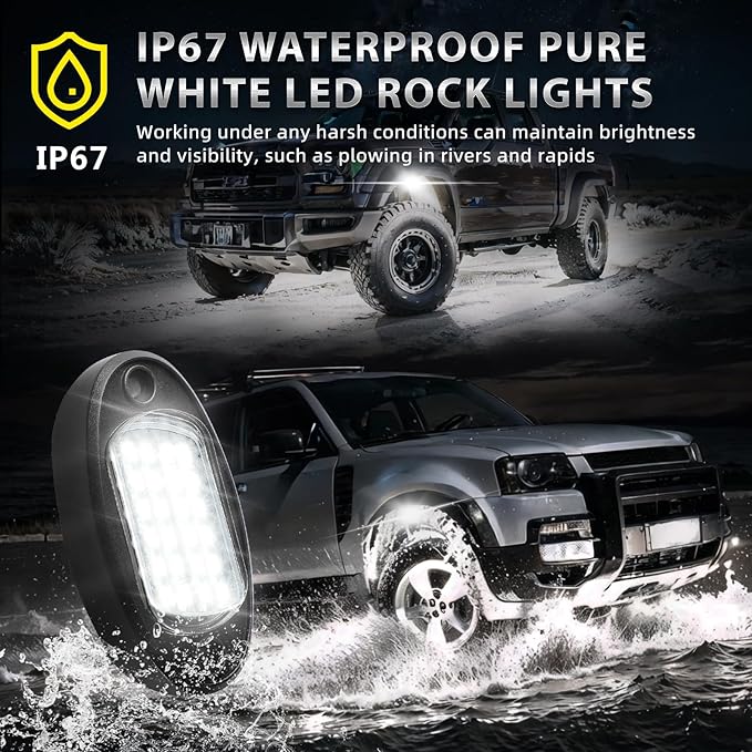 20 Pods Pure White LED Rock Lights with Extension Wires, IP67 Waterproof 6500K Super Bright White Underglow Kit for Semi Truck Sedans Trailer Offroad Pickup RV Vans Bus Under Car Lighting