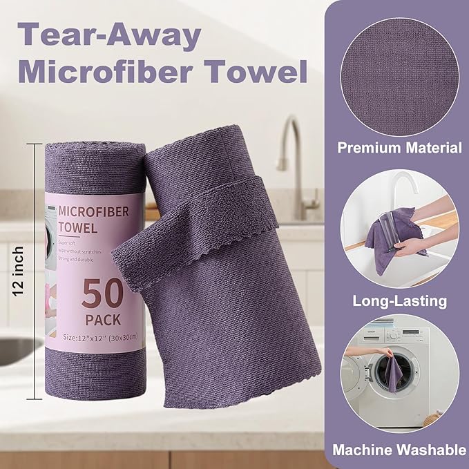 Jessy Home 2 Roll Reusable Paper Towels,100 Sheets Tear Away Microfiber Cleaning Cloth, Lint Free Cleaning Rags for Kitchen, Dishcloth,Household Cleaning Supplies