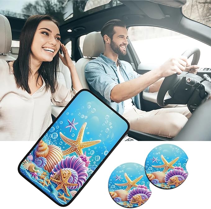 Car Armrest Cover Pads Universal Fashion Cute Auto Center Console Armrest Cover Pad with 2PCS Car Coasters Soft Waterproof Car Armrest Seat Protector for Women, Sea Shells Starfish
