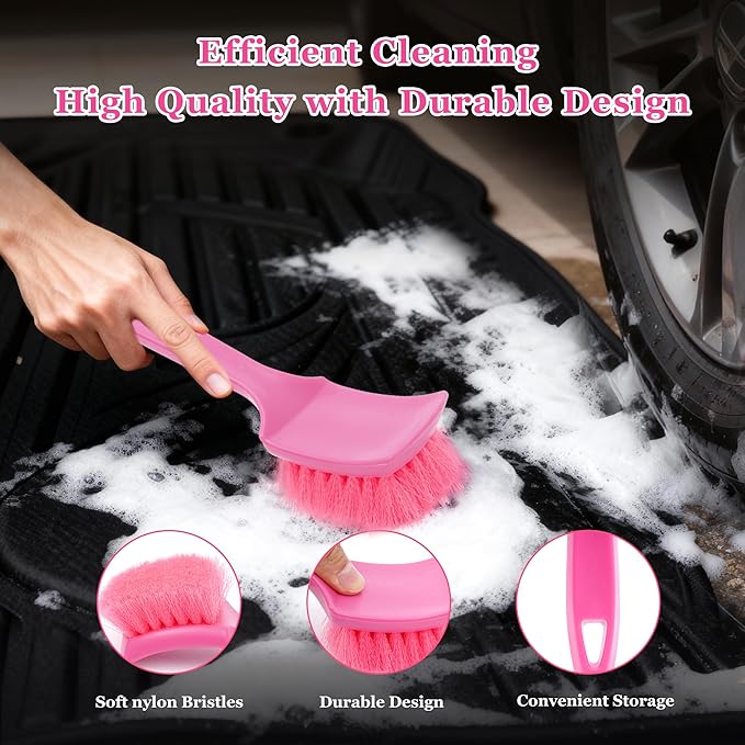 Carpet Brush, Anti-Deformation Medium Soft Nylon Bristles, Scratch-Free High Toughness Pink Scrub Brush for Car Interior Detailing, Upholstery, Leather Seats, Floor Mats, Tires & Home