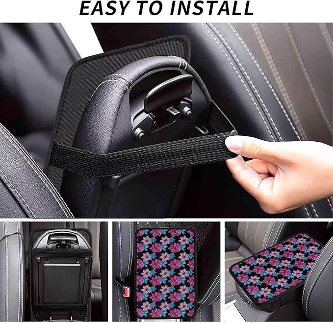 Car Center Console Cover Hibiscus Armrest Cushion Scratch Resistant and Waterproof Arm Rest Pads Flower Tropical Cars Decor Accessories, Purple Pink