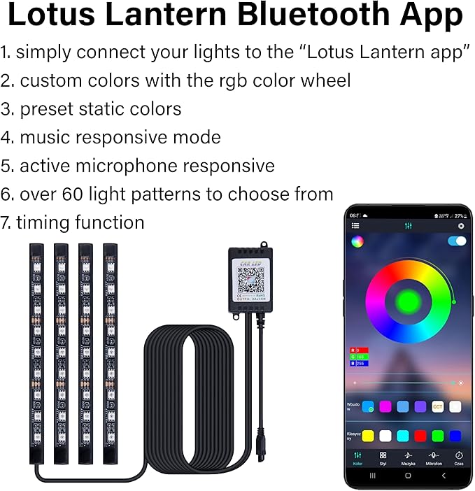 Car Led Lights Interior, Interior Car Lights with with Cigarette Lighter Adapter, 12V LED Strip Light with Smart APP Remote Control, Sync Music, Color Change Cars Light for Inside, Cars Accessories