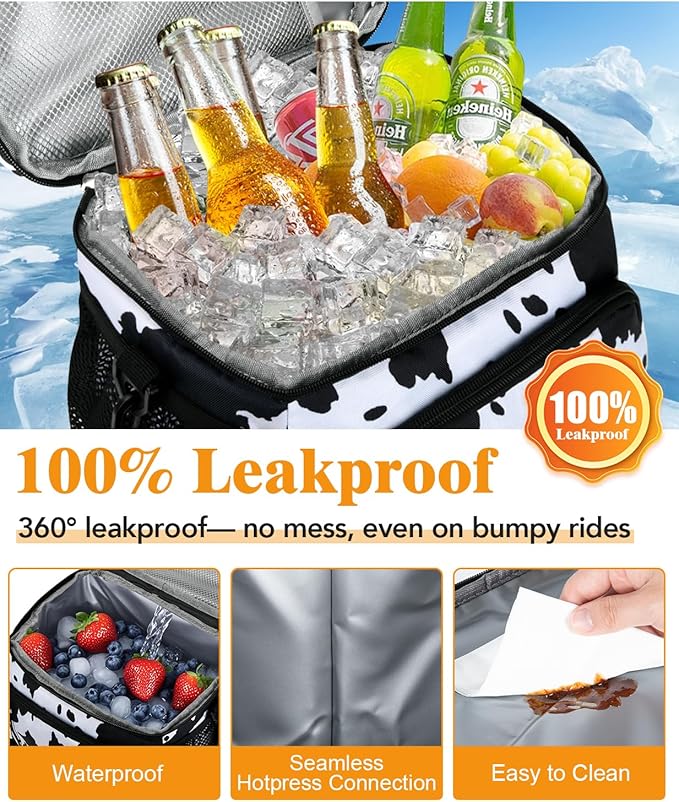 Insulated Lunch Bag for Men & Women, 9L Leakproof Lunch Box Soft Cooler Tote with 5 Pockets, 600D Oxford, EVA Lining, Adjustable Strap for Work, Picnic, Beach&Travel-Cow Print