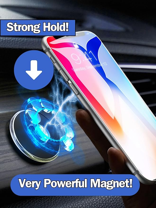 Magnetic Phone Mount for Car [Powerful Magnet] With [8 Pack] 3M Black Metal Plates Phone Holder for Car, Universal Magnetic Phone Mount Holder for Phones and Mobile Devices. (Black & Silver)