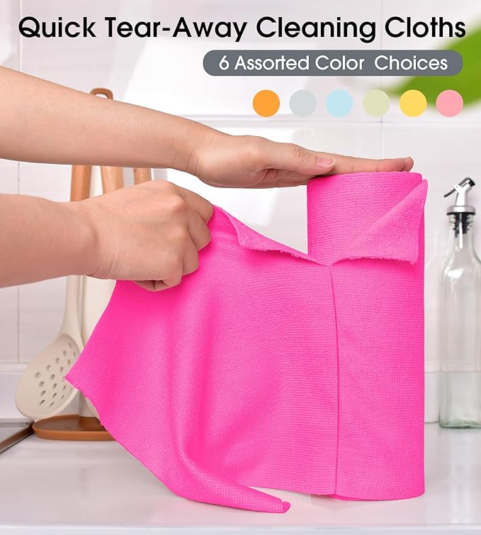 KitchLife Microfiber Cleaning Cloth Roll - Tear-Away Reusable Microfiber Paper Towels, Lint-Free, Washable, 20 Sheets for Kitchen, Car, Dishes, and Sensitive Surfaces (Hot Pink)