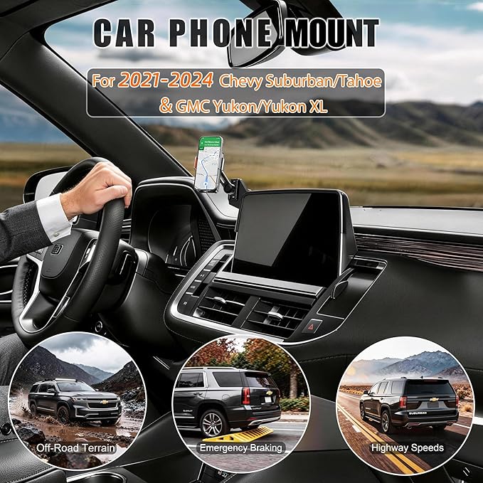 Car Phone Mount for 2021-2024 Chevrolet‌ Suburban/Tahoe & GMC Yukon/Yukon XL, Smart Auto-Clamping on 10.2" Touchscreen, 15W Wireless Fast Charging, Premium Aluminum Holder, Without Blocking Airflow