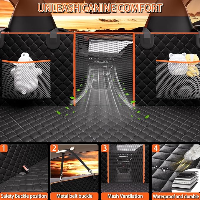 Back Seat Extender for Dogs - Large Space, Waterproof Hard-Bottom Dog Car Seat Cover for Back Seat, Holds 420lbs, Upgraded Material Waterproof Pet Car Bed Dog Hammock for Car, SUV(Gray Orange)