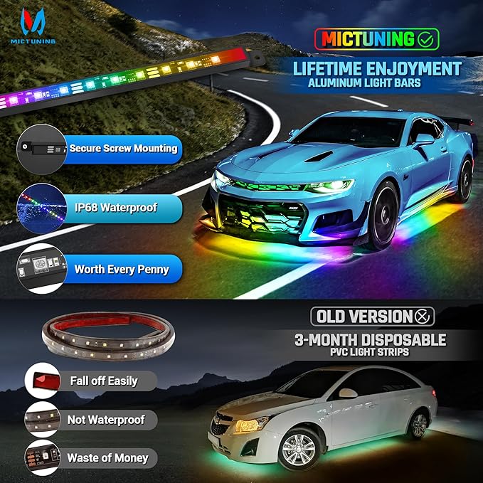 MICTUNING N8 Car Underglow Light Bar Kit, Chasing Color RGB+IC LED, Aluminum Exterior Underbody Multicolor Soundsync Neon Light Strip, Wireless App & Remote Control, IP68 Waterproof, 8PCS