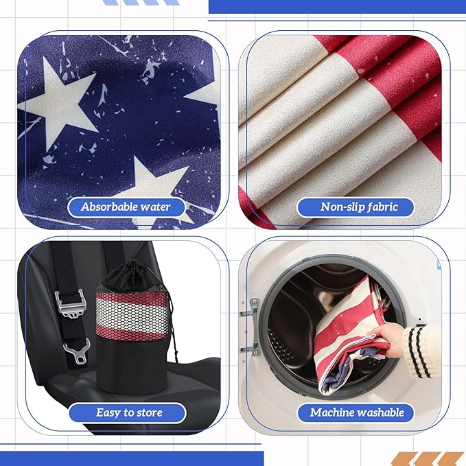 2 Pack Car Seat Towel Covers with Storage Bag 63 x 32 Inch Athletic Running Towel Seat Sweat Washable Non Slip Cover Gift for Car Outdoor Sport Activities (American Flag)