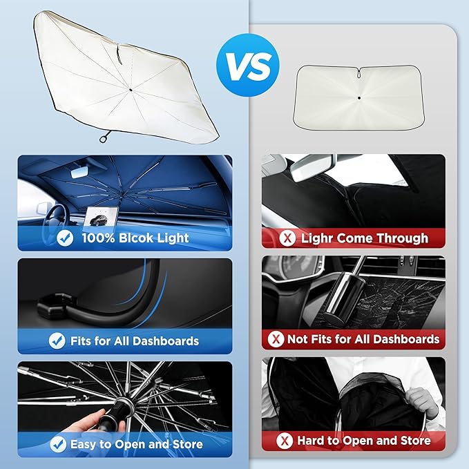 2026 Upgraded Windshield Sun Shade Umbrella [7-Layer Vinyl Coating Heat Shield] Foldable Front Window Sunshade Umbrella Flexible Handle Protect Interior from UV Keep Car Cooler (57" x 31")