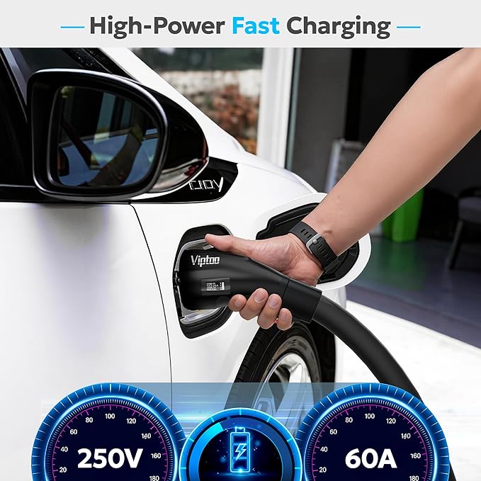 VIPTOO Tesla to J1772 Adapter 60A 250V AC — NACS EV Charging Connector with Digital Display for Tesla Wall/Destination/Mobile Charger, Fast & Safe Charging (Black)