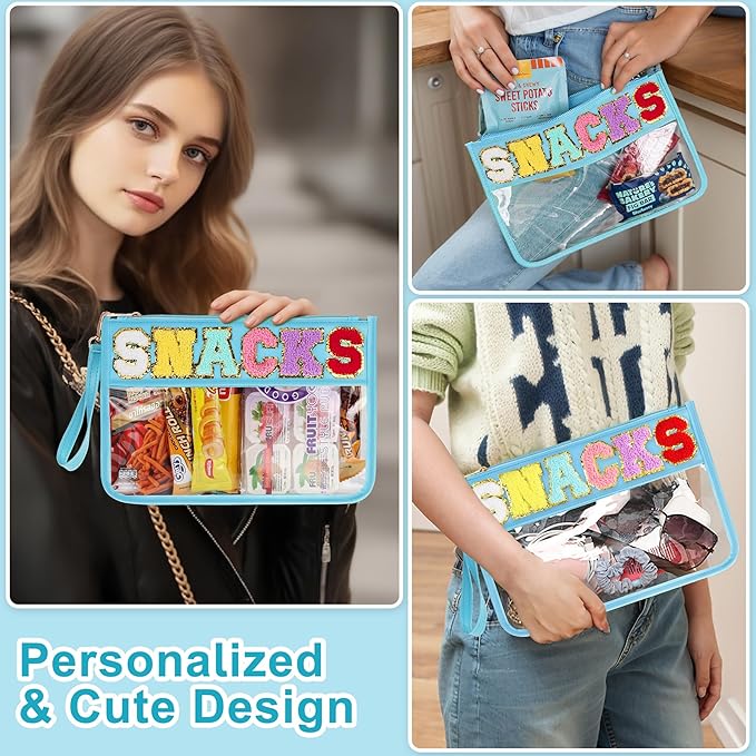 Snack Bag for Travel - Clear Chenille Varsity Letter Flat Pouch with Zipper, 12.2×8.46 inch Waterproof Clear Nylon Preppy Patch Makeup Cosmetic tote Bags for Women Girls