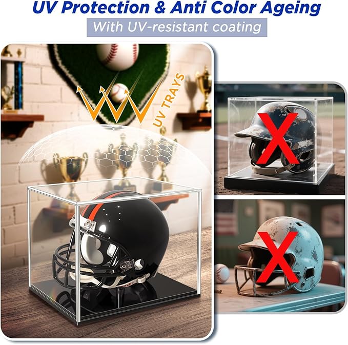 Mini-Helmet-Display-Case, UV Protection Acrylic Display Case Souvenirs and Collectibles Box for MINI Football Helmets with Black Base & Riser (Black Base & Riser, Stackable)