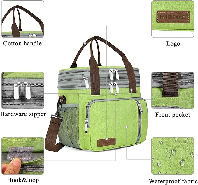 MIYCOO Lunch Bag & Lunch Box for Women Men, Double Deck Leakproof Insulated Soft Large Adult Camping Cooler bag for Work, Beach, Picnic, Travel (Green, 15L)