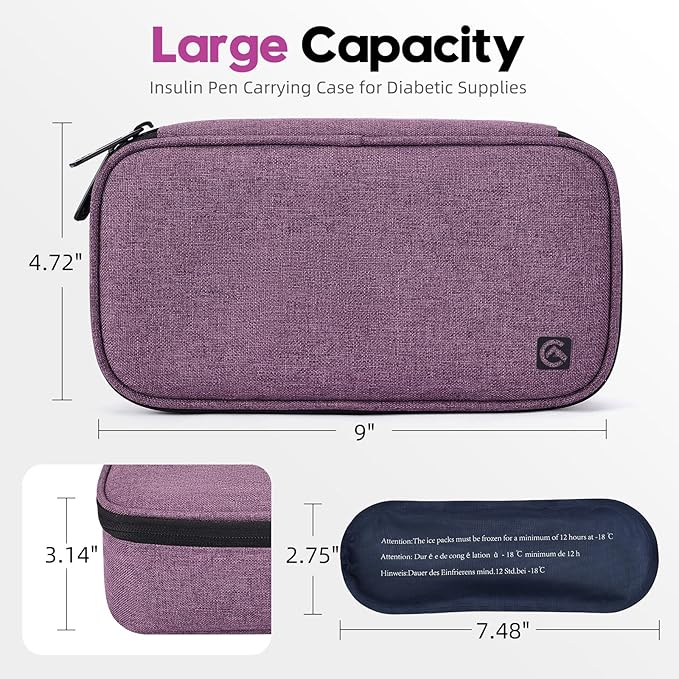 ALLCAMP Insulin Cooler Travel Case for Diabetic Organize Medication with 4 Ice Packs Purple(9X 4.72x 3.14 inches)