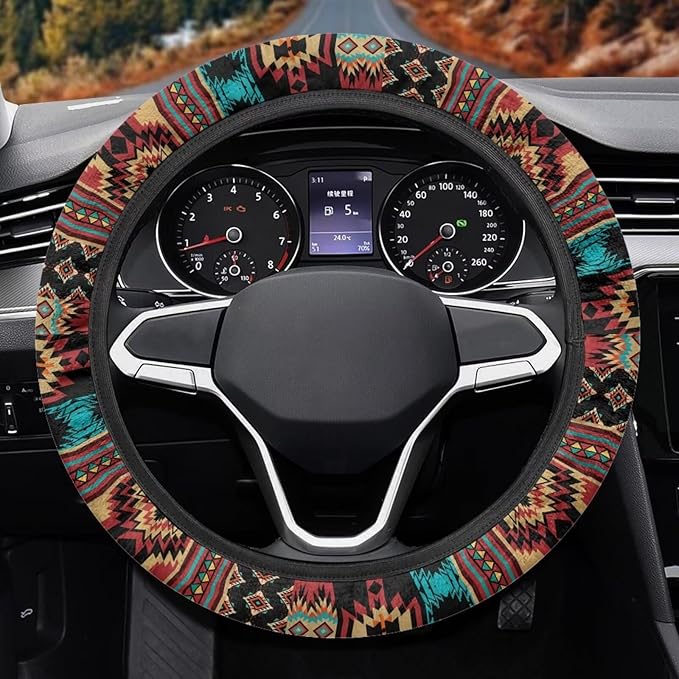 SEANATIVE Car Steering Wheel Cover for Men Breathable Anti Slip Auto Steering Wheel Covers fit Standard Size 15inches, Brown Aztec Geometric Print