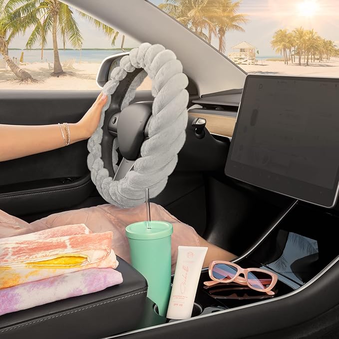 Carbella Twisted Fur Gray Steering Wheel Cover, Standard 15 Inch Size Fits Most Vehicles, Fuzzy Fluffy Car Steering Cover with Soft Faux Fur Touch, Car Accessories for Women