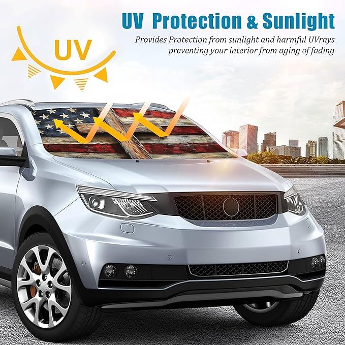 Vintage Flag Car Windshield Sun Shade Foldable Sunshade Front Window Cover Sun Visor Protector Accessories (59x27.5 inches)
