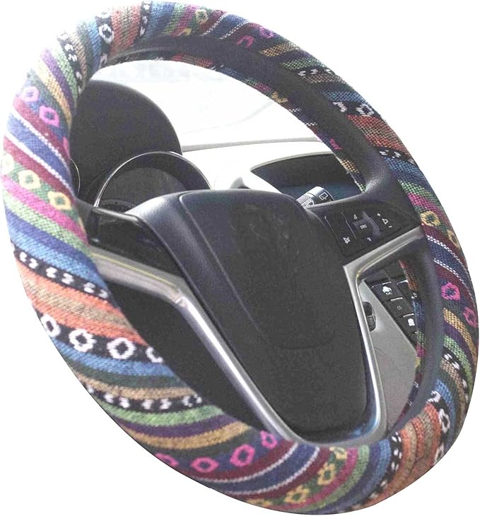 Medium Ethnic Style Coarse Flax Cloth Automotive Steering Wheel Cover Anti Slip and Sweat Absorption Auto Car Wrap Cover (14.5''-15'',C)