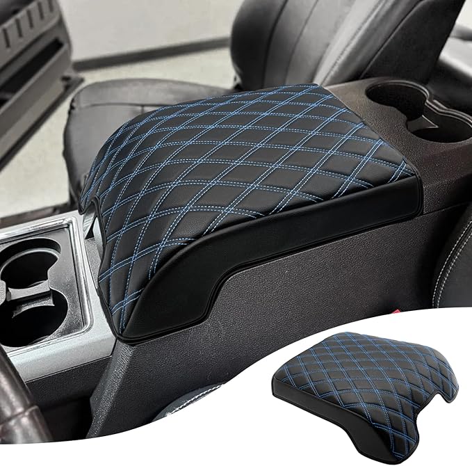 KBH Center Console Armrest Cover for Ford F250 F350 F450 F550 2011-2016, Auto Arm Rest Box Cushion Pad, PU Leather Trim, Anti-Scratch, Black-Blue Stitch (Fits Bucket Seat Only)