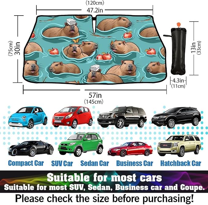 Cute Capybara Print Car Sunshade Umbrella Capybaras Windshield Sun Shade for Car Retractable Umbrella Sunshades for Front Window Cute Sun Shades Cover Visor Portector Block UV Rays