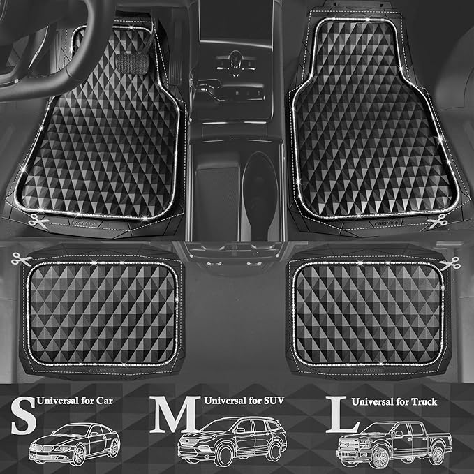 CAR PASS Bling Diamond Rubber Car Mats, Heavy Duty Deep Dish All-Weather Floor Mat Full Set Anti-Slip 3D Rhombus Waterproof Trim Fit Liner Universal Glitter Sparkly Shining Rhinestone, White Diamond