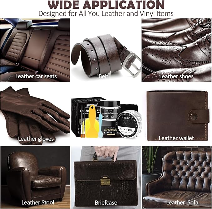 SEISSO Leather Repair Kit for Furniture, Dark Brown Vinyl Repair Kit with Mink Oil Car Interior Leather Recoloring Balm for Scratches, Fading Shoes, Car Seat, Sofa