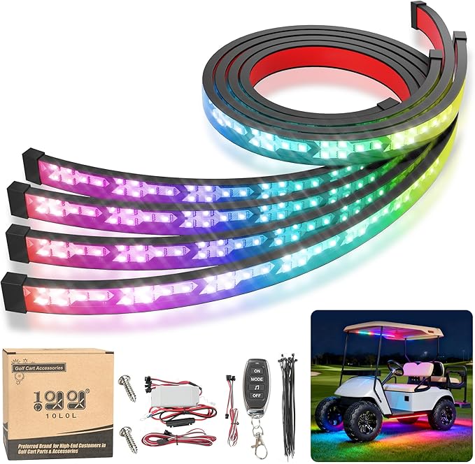 10L0L Golf Cart Underglow LED Light Kit, 4PC Flexible Neon Strip Lights with 14 Modes, Music Sync, Waterproof Remote Control Underbody Glow for EZGO, Club Car, Yamaha