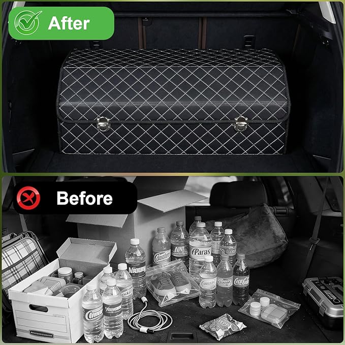Trunk Organizer with Lid for Car Foldable Storage Box Heavy Duty PU Leather Cargo Organizer for SUV Sedan Waterproof (Black, Large)
