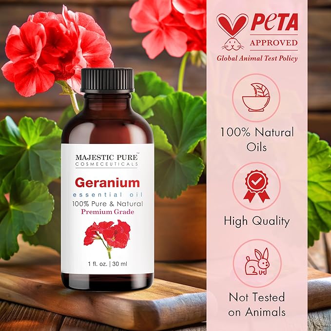 Majestic Pure Essential Oil with Glass Dropper - 100% Pure and Natural - Essential Oils for Diffuser, Aromatherapy, Soap and Candle Making, Geranium Essential Oil, Geranium Oil, 1 Fl Oz (Pack of 2)