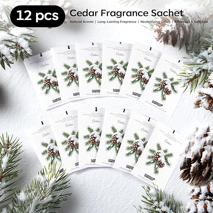 MYARO 12 Pack Cedarwood Scented Sachets for Drawer, Closet & Small Spaces Air Freshener Bags, Odor Eliminator for Car, Shoes, Gym Bag Home Fragrance Gift Set