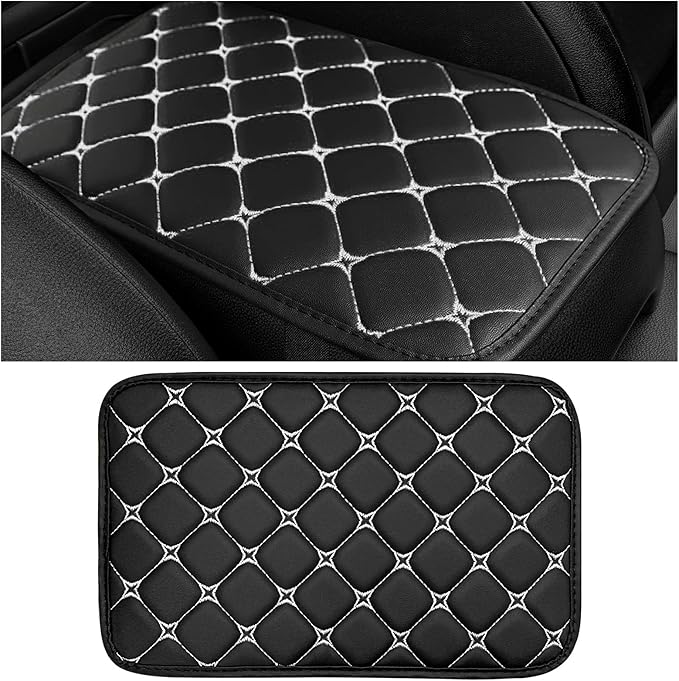 Car Center Console Cushion Pad, Anti-Scratch PU Leather Auto Armrest Seat Box Protector, Waterproof Arm Rest Protection Cover Interior Decoration for SUV Sedan Truck (White)
