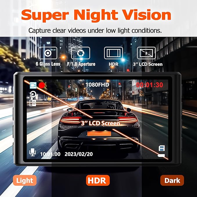 1080P Dash Cam Front and Rear with 32GB SD Card, Diamond Lark Dual Dash Camera for Cars, 3” LCD Screen Dashcam with Type-C Port, HDR, G-Sensor, Loop Recording, Parking Monitor, Night Vision