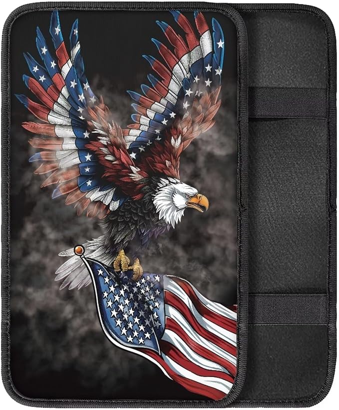 Eagle American Flag Soft Armrest Seat Box Cover Car Armrest Cushion Car Decor Protective Car Accessories Universal Fit for Most Cars, Vehicles, SUVs