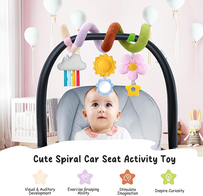 Stuffed Spiral Baby Car Seat Toys, Best Newborn Shower Gifts, Soft Infant Essentials Must Have Stroller Hanging Toys (Vibrant Nature)