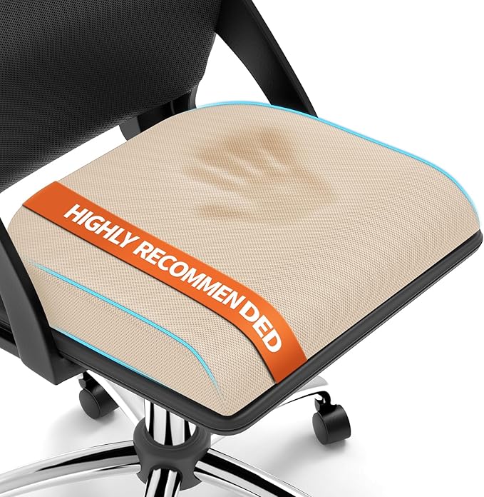 Large Seat Cushion, Memory Foam Cushion for Long Sitting Hours on Office Chair, Home & Car, Non-Slip Chair Pad for Relieving Back & Sciatica & Hip & Coccyx Pain (Khaki)