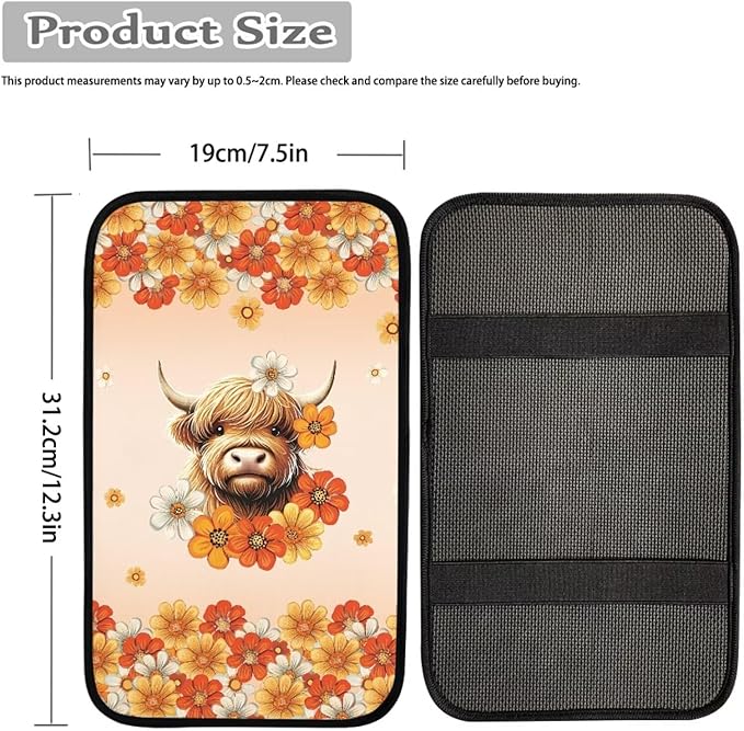 UNICEU Flowers Highland Cow Armrest Cover Pad, Universal Fit Car Center Console Cushion Pad, Anti Dirty Scratch Proof Car Seat Box Cover for Most Vehicle Truck Cars
