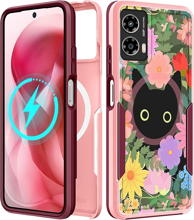 for Moto G Power 5G 2024 Case - Compatible with MagSafe Women Girls Cute Magnetic Phone Cover Girly Cat Flower Floral Heavy Duty Shockproof Design for Motorola Moto G Power 5G 2024 Cases