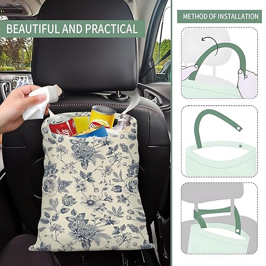Cute Car Trash Can, Hanging Canvas Car Back Seat Organizer and Storage Bag, Funny Car Trash Bag For Travelling, Outdoor Cute Blue White Floral