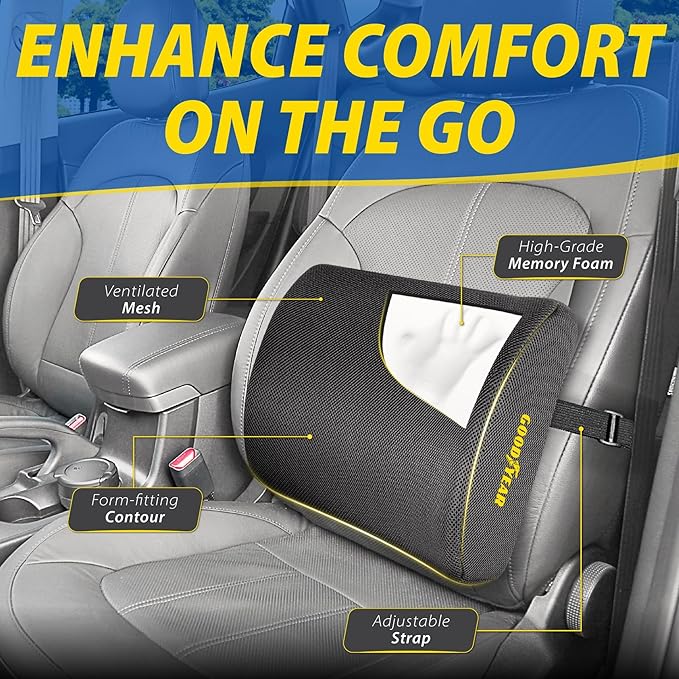 Goodyear Ergonomic Lumbar Support Pillow for Office Chair, Gaming Chair, or Car, Memory Foam Cushion with Ventilated Mesh and Adjustable Strap for Long Lasting Comfort
