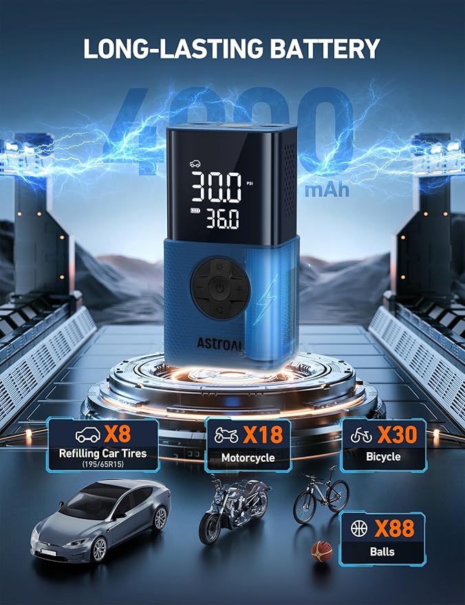 AstroAI Tire Inflator L7S Portable Air Compressor Cordless Bike Pump with Digital Dual Values Display, 150 PSI Car Tires Pump with LED Lights Air Pump for Cars, Motorcycles, Bikes, Balls Blue