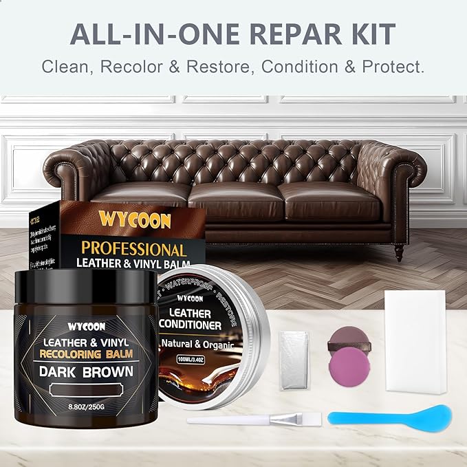 Leather Recoloring Balm with 100ml Mink Oil Conditioner | Medium Brown Repair Kit, Dye & Color Restorer for Furniture, Sofa, Car Seats, Bags | Restore Faded & Scratched Surfaces