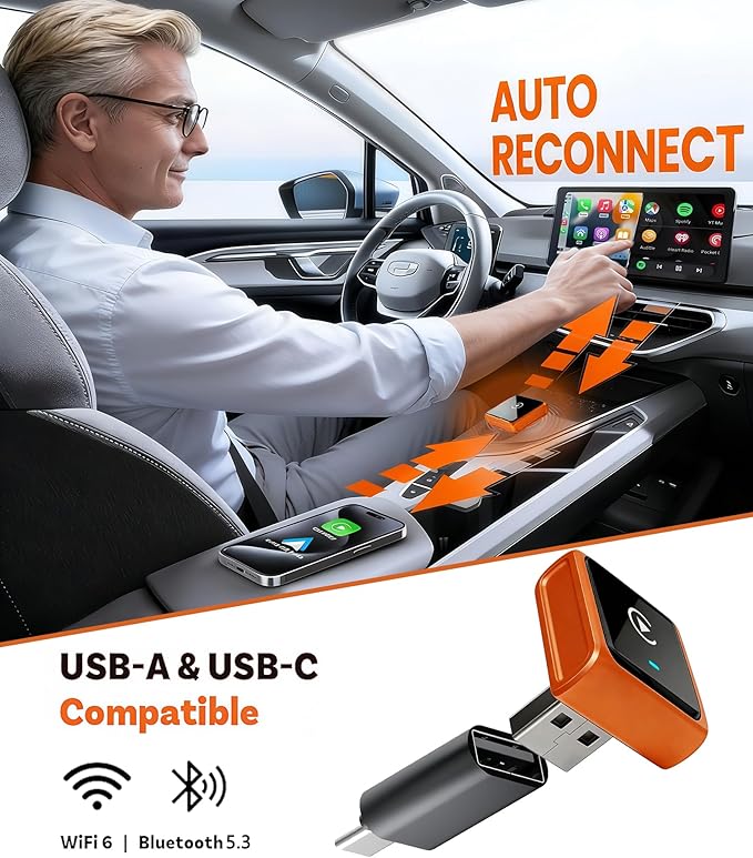 Mini Wireless CarPlay Adapter for iPhone & Android, 2-in-1 Upgraded CarPlay Wireless Adapter, 2026 WIFI6 Plug & Play Car Play Adapter, Zero Delay Fast Stable Auto-Connect, Bluetooth 5.3 USBA&C Port