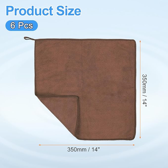 HARFINGTON 6 Pack Microfiber Cleaning Cloth, 14" x 14" Multi-Functional Cleaning Towels Reusable Absorbent Rags with Hook for Car Wash Kitchen Household Window Clean, Brown