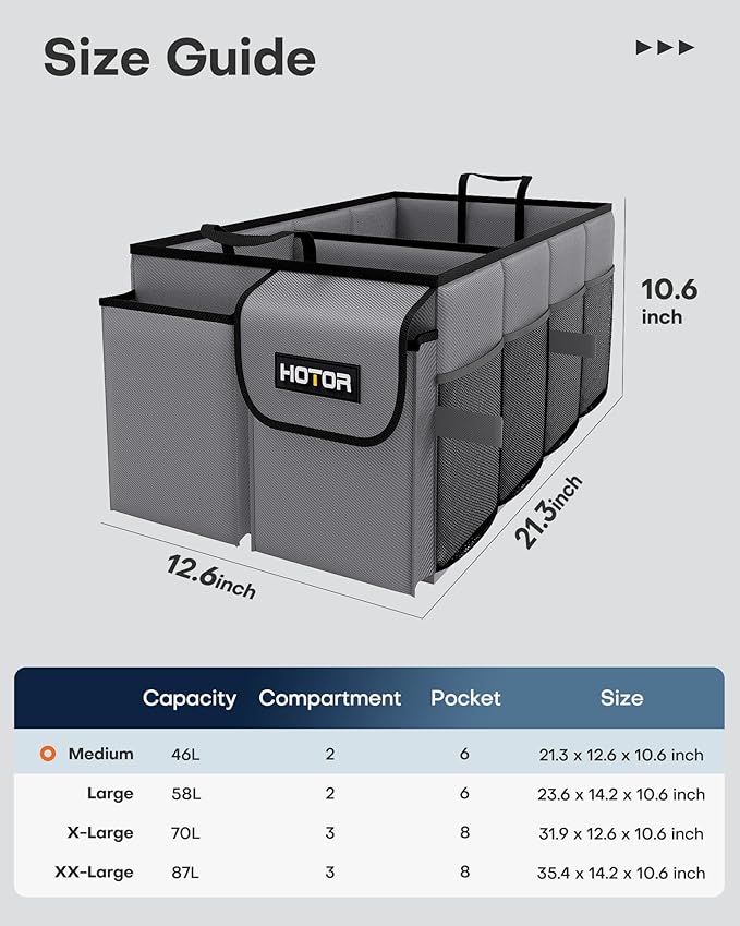 HOTOR Trunk Organizer for Car - Car Organizer, Foldable Trunk organizer for SUVs & Sedans, Sturdy Organization for Car Accessories, Tools, Sundries, Grey, 2 Compartments, 21.3"×12.6"×10.6"