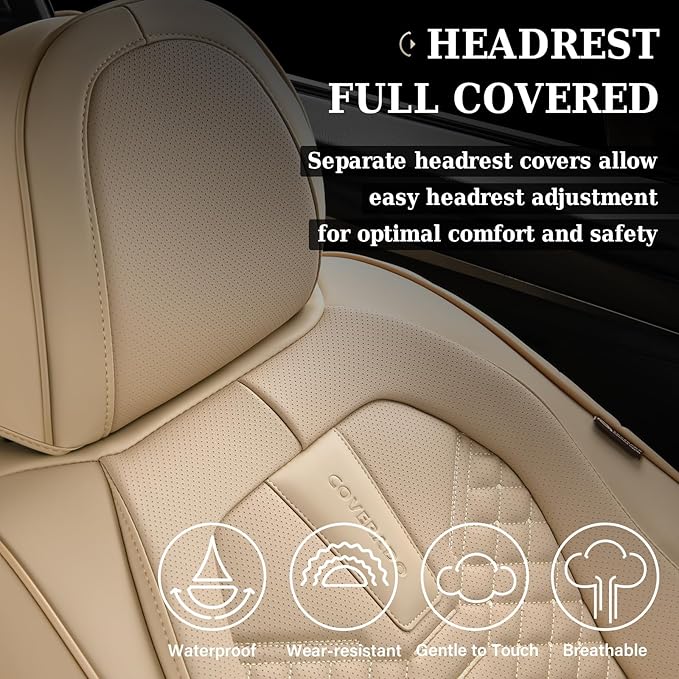 Coverado Car Seat Covers Full Set, Waterproof Nappa Leather Seat Covers for Cars, Universal 5 Seats Car Seat Covers, Front and Back Car Seat Protector, Auto Seat Covers Fit for Most Cars, Beige